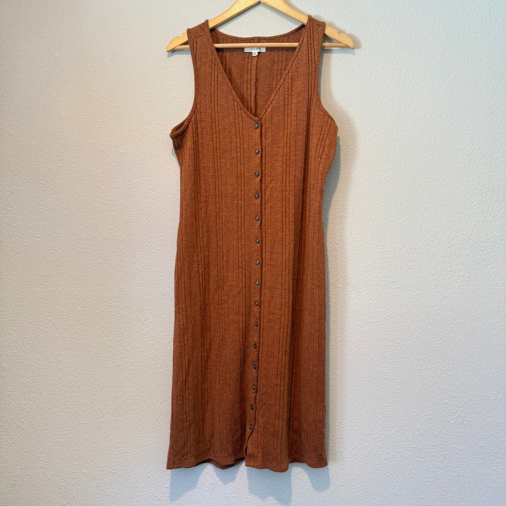 Cleo + Wolf Burnt Orange Ribbed Button Front V-Neck Sleeveless Midi Dress L